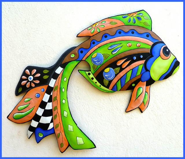 Colorful Tropical Fish Wall Hangings, Painted Metal Art, Nautical Decor, Haitian Metal Art - 15" x 2